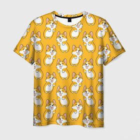 Мужская футболка 3D с принтом Корги Паттерн 2 , 100% полиэфир | прямой крой, круглый вырез горловины, длина до линии бедер | веселый | лапочка | милый | мимими | оранжевый | пес | песик | собака | счастье | щенок