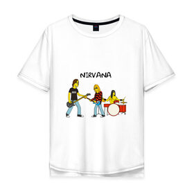 Мужская футболка хлопок Oversize с принтом Nirvana в стиле simpsons , 100% хлопок | свободный крой, круглый ворот, “спинка” длиннее передней части | Тематика изображения на принте: nirvana | simpsons | барабаны | басы | гитара | курт | курт кобейн | музыканты | мультик | нирвана | рок | симпсоны