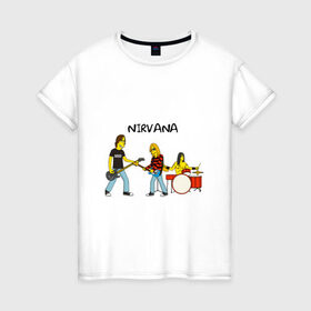 Женская футболка хлопок с принтом Nirvana в стиле simpsons , 100% хлопок | прямой крой, круглый вырез горловины, длина до линии бедер, слегка спущенное плечо | nirvana | simpsons | барабаны | басы | гитара | курт | курт кобейн | музыканты | мультик | нирвана | рок | симпсоны