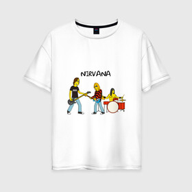 Женская футболка хлопок Oversize с принтом Nirvana в стиле simpsons , 100% хлопок | свободный крой, круглый ворот, спущенный рукав, длина до линии бедер
 | nirvana | simpsons | барабаны | басы | гитара | курт | курт кобейн | музыканты | мультик | нирвана | рок | симпсоны