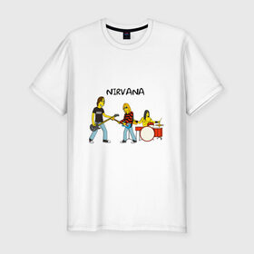 Мужская футболка премиум с принтом Nirvana в стиле simpsons , 92% хлопок, 8% лайкра | приталенный силуэт, круглый вырез ворота, длина до линии бедра, короткий рукав | nirvana | simpsons | барабаны | басы | гитара | курт | курт кобейн | музыканты | мультик | нирвана | рок | симпсоны