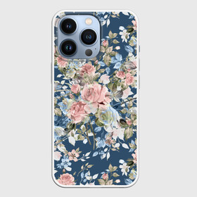 Чехол для iPhone 13 Pro с принтом Розовые розы ,  |  | bouquet | fashion | flora | flowers | illustra | nature | ornament | patterns | petals | pink | roses | style | youth | букет | графика | иллюстрация | картинка | лепестки | мода | молодежная | орнамент | природа | рисунок | розовые | розы | синий