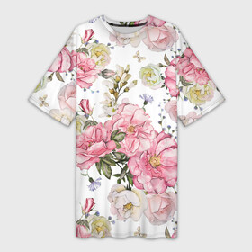 Платье-футболка 3D с принтом Розовые розы ,  |  | bouquet | fashion | flora | flowers | illustra | nature | ornament | patterns | petals | pink | roses | style | youth | белый | букет | графика | иллюстрация | картинка | лепестки | мода | молодежная | орнамент | природа | рисунок | розовые | розы
