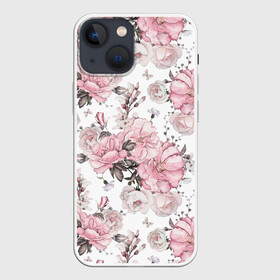 Чехол для iPhone 13 mini с принтом Розовые розы ,  |  | bouquet | fashion | flora | flowers | illustra | nature | ornament | patterns | petals | pink | roses | style | youth | белый | букет | графика | иллюстрация | картинка | лепестки | мода | молодежная | орнамент | природа | рисунок | розовые | розы