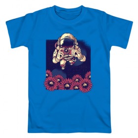 Мужская футболка хлопок с принтом Космонавт с Фотоаппаратом , 100% хлопок | прямой крой, круглый вырез горловины, длина до линии бедер, слегка спущенное плечо. | nasa | астронавт | космонавт | космос | наса | с цветами | фото | фотограф | цветы