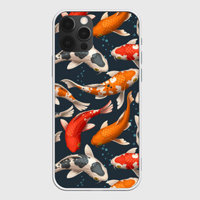 Чехол для iPhone 12 Pro с принтом Карпы кои  , силикон | область печати: задняя сторона чехла, без боковых панелей | carp | fish | koi | белые | вода | волны | графика | золотая | иллюстрация | карпы | картинка | кои | косяк | красные | мода | молодежная | оранжевые | орнамент | плеск | плывут | природа | пузыри | пятна
