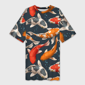 Платье-футболка 3D с принтом Карпы кои ,  |  | carp | fish | koi | белые | вода | волны | графика | золотая | иллюстрация | карпы | картинка | кои | косяк | красные | мода | молодежная | оранжевые | орнамент | плеск | плывут | природа | пузыри | пятна