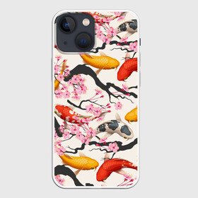 Чехол для iPhone 13 mini с принтом Карпы кои Сакура ,  |  | fightin | белые | ветки | вишня | графика | золотая | иллюстрация | карпы | картинка | кои | косяк | красные | мода | молодежная | оранжевые | орнамент | плывут | природа | пятна | рисунок | розовая | рыба