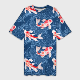 Платье-футболка 3D с принтом Карпы кои ,  |  | carps | fish | golden | japan | koi | nat | symbol | белые | вода | волны | графика | золотая | иллюстрация | карпы | картинка | кои | косяк | красные | мода | молодежная | орнамент | плывут | природа | пятна | рисунок | рыба