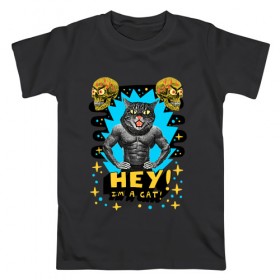 Мужская футболка хлопок с принтом Hey! I`m a cat! , 100% хлопок | прямой крой, круглый вырез горловины, длина до линии бедер, слегка спущенное плечо. | Тематика изображения на принте: абстракция | голова кошки | звездочки | звезды | кошачьи глаза | кошка | психоделика | трэш | человеческое тело | череп | эй | я кот