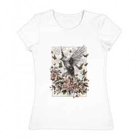 Женская футболка хлопок с принтом Птица и бабочки , 100% хлопок | прямой крой, круглый вырез горловины, длина до линии бедер, слегка спущенное плечо | абстракция | арт | бабочки | весенняя | калибри | картина | легкость | минимализм | природа | птица | свежесть | светлая | цветы