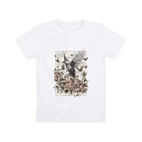 Детская футболка хлопок с принтом Птица и бабочки , 100% хлопок | круглый вырез горловины, полуприлегающий силуэт, длина до линии бедер | абстракция | арт | бабочки | весенняя | калибри | картина | легкость | минимализм | природа | птица | свежесть | светлая | цветы