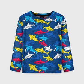 Детский лонгслив 3D с принтом Акулы , 100% полиэстер | длинные рукава, круглый вырез горловины, полуприлегающий силуэт
 | blue | drawin | fashion | fish | illustration | ocean | predator | red | sea | sharks | style | water | yellow | youth | акулы | вода | графика | жёлтый | иллюстрация | картинка | красный | мода | молодежная | море | океан | рисунок | рыба | син