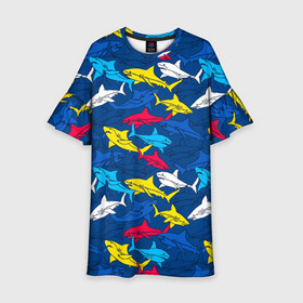 Детское платье 3D с принтом Акулы , 100% полиэстер | прямой силуэт, чуть расширенный к низу. Круглая горловина, на рукавах — воланы | Тематика изображения на принте: blue | drawin | fashion | fish | illustration | ocean | predator | red | sea | sharks | style | water | yellow | youth | акулы | вода | графика | жёлтый | иллюстрация | картинка | красный | мода | молодежная | море | океан | рисунок | рыба | син