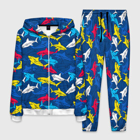 Мужской костюм 3D с принтом Акулы , 100% полиэстер | Манжеты и пояс оформлены тканевой резинкой, двухслойный капюшон со шнурком для регулировки, карманы спереди | blue | drawin | fashion | fish | illustration | ocean | predator | red | sea | sharks | style | water | yellow | youth | акулы | вода | графика | жёлтый | иллюстрация | картинка | красный | мода | молодежная | море | океан | рисунок | рыба | син