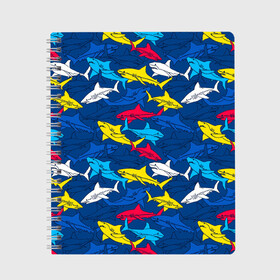 Тетрадь с принтом Акулы , 100% бумага | 48 листов, плотность листов — 60 г/м2, плотность картонной обложки — 250 г/м2. Листы скреплены сбоку удобной пружинной спиралью. Уголки страниц и обложки скругленные. Цвет линий — светло-серый
 | blue | drawin | fashion | fish | illustration | ocean | predator | red | sea | sharks | style | water | yellow | youth | акулы | вода | графика | жёлтый | иллюстрация | картинка | красный | мода | молодежная | море | океан | рисунок | рыба | син