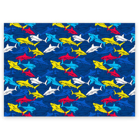 Поздравительная открытка с принтом Акулы , 100% бумага | плотность бумаги 280 г/м2, матовая, на обратной стороне линовка и место для марки
 | blue | drawin | fashion | fish | illustration | ocean | predator | red | sea | sharks | style | water | yellow | youth | акулы | вода | графика | жёлтый | иллюстрация | картинка | красный | мода | молодежная | море | океан | рисунок | рыба | син