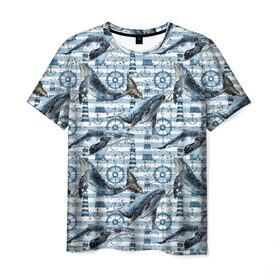 Мужская футболка 3D с принтом Киты , 100% полиэфир | прямой крой, круглый вырез горловины, длина до линии бедер | animals | lighthouse | ocean | s | sea | steering wheel | vest | water | whales | вода | графика | животные | иллюстрация | картинка | киты | маяк | мода | молодежная | море | океан | полосы | рисунок | синий | стиль | тельняшка | фон