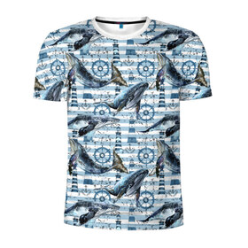 Мужская футболка 3D спортивная с принтом Киты , 100% полиэстер с улучшенными характеристиками | приталенный силуэт, круглая горловина, широкие плечи, сужается к линии бедра | animals | lighthouse | ocean | s | sea | steering wheel | vest | water | whales | вода | графика | животные | иллюстрация | картинка | киты | маяк | мода | молодежная | море | океан | полосы | рисунок | синий | стиль | тельняшка | фон