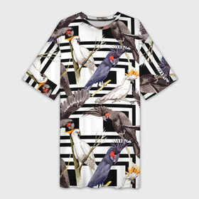 Платье-футболка 3D с принтом Попугаи какаду ,  |  | birds | bri | cockatoo | exotic | jungle | palm | parrots | tropical | акварель | геометрический | графика | джунгли | иллюстрация | картинка | мода | молодежная | орнамент | пальмы | попугаи | птицы | рисунок | стиль