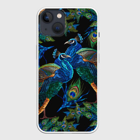 Чехол для iPhone 13 с принтом Павлины ,  |  | birds | exotic | jungle | pal | peacocks | tropical | акварель | ветки | вышивка | геометрический | графика | джунгли | иллюстрация | картинка | мода | молодежная | орнамент | павлины | пальмы | перья | птицы | рисунок