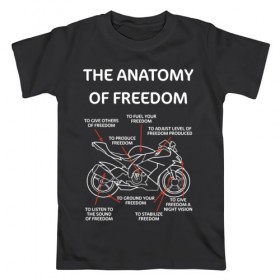 Мужская футболка хлопок с принтом The anatomy of freedom , 100% хлопок | прямой крой, круглый вырез горловины, длина до линии бедер, слегка спущенное плечо. | анатомия | байкер | колёса | мотоцикл | свобода | скорость | схема