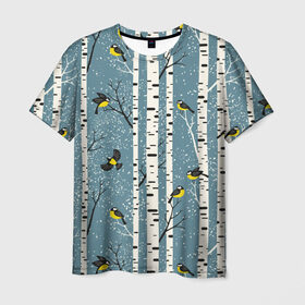 Мужская футболка 3D с принтом Синички на берёзах , 100% полиэфир | прямой крой, круглый вырез горловины, длина до линии бедер | bir | birds | branches | fly | sit | tits | акварель | берёзы | ветки | графика | зима | идёт | иллюстрация | картинка | кузнечик | летят | мода | молодежная | мороз | новый год | птицы | рисунок | рождество | сидят | синий
