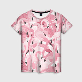 Женская футболка 3D с принтом Фламинго , 100% полиэфир ( синтетическое хлопкоподобное полотно) | прямой крой, круглый вырез горловины, длина до линии бедер | birds | drawing | fashion | feathers | flamingo | graphics | illustration | picture | pink | stand | style | wings | youth | графика | иллюстрация | картинка | клюв | красивые | крылья | мода | молодежная | перья | птицы | рисунок | розовый | стиль | стоя