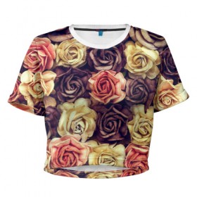 Женская футболка 3D укороченная с принтом Шоколадные розы , 100% полиэстер | круглая горловина, длина футболки до линии талии, рукава с отворотами | бабушке | девочке | девушке | дочке | желтые цветы | женщине | маме | подруге | природа | розовые цветы | розы | сестре | теще | тюльпаны | цветы