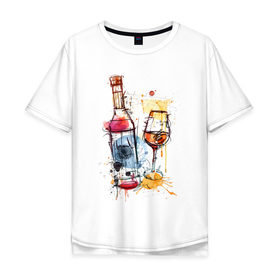 Мужская футболка хлопок Oversize с принтом Винишко арт , 100% хлопок | свободный крой, круглый ворот, “спинка” длиннее передней части | акварель | бокал | бутылка | вино | винцо | грусть | краски | одна