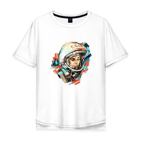 Мужская футболка хлопок Oversize с принтом Гагарин , 100% хлопок | свободный крой, круглый ворот, “спинка” длиннее передней части | Тематика изображения на принте: 12 апреля | астронавт | вселенная | день космонавтики | звезды | космонавт | космос | луна | планета | поехали | полет | ссср | юрий