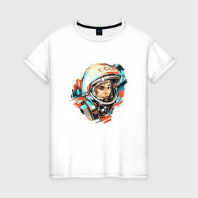 Женская футболка хлопок с принтом Гагарин , 100% хлопок | прямой крой, круглый вырез горловины, длина до линии бедер, слегка спущенное плечо | 12 апреля | астронавт | вселенная | день космонавтики | звезды | космонавт | космос | луна | планета | поехали | полет | ссср | юрий