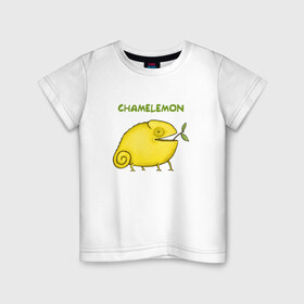 Детская футболка хлопок с принтом Chamelemon , 100% хлопок | круглый вырез горловины, полуприлегающий силуэт, длина до линии бедер | веточка | желтый | животные | земноводное | зоопарк | игра слов | кислый | лайм | лимон | лимончик | овощ | природа | фрукт | хамелеон | яркий