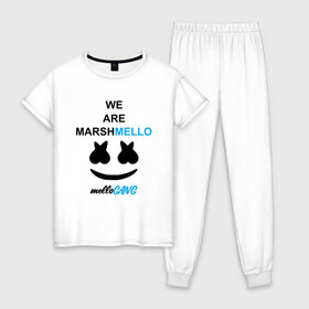 Женская пижама хлопок с принтом Marshmello (MELLOGANG) , 100% хлопок | брюки и футболка прямого кроя, без карманов, на брюках мягкая резинка на поясе и по низу штанин | christopher comstock | dj | marshmello | mellogang | music | диджей | клубная музыка | клубняк | крис комсток | логотип | маршмеллоу | музыка