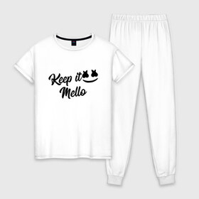 Женская пижама хлопок с принтом Keep it Mello (Marshmello) , 100% хлопок | брюки и футболка прямого кроя, без карманов, на брюках мягкая резинка на поясе и по низу штанин | christopher comstock | dj | keep | keep it mello | marshmello | mello | music | диджей | клубная музыка | клубняк | крис комсток | логотип | маршмеллоу | музыка