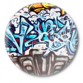Значок с принтом Graffiti ,  металл | круглая форма, металлическая застежка в виде булавки | Тематика изображения на принте: grafity | paint | street art | urban | город | граффити | искусство | кирпичи | краски | рисунки | стена | улицы | уличное искусство