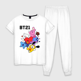 Женская пижама хлопок с принтом BT21 Mascots , 100% хлопок | брюки и футболка прямого кроя, без карманов, на брюках мягкая резинка на поясе и по низу штанин | Тематика изображения на принте: bangtan boys | bt21mascots | bts | chimmy | cooky | koya | mang | rj | shooky | tata | van