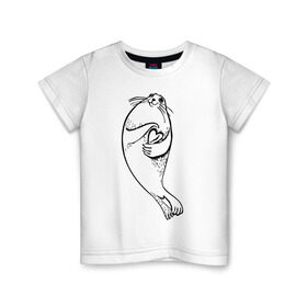 Детская футболка хлопок с принтом Нерпа Нина с Байкалом , 100% хлопок | круглый вырез горловины, полуприлегающий силуэт, длина до линии бедер | Тематика изображения на принте: baikal | irkutsk | байкал | иркутск | нерпа