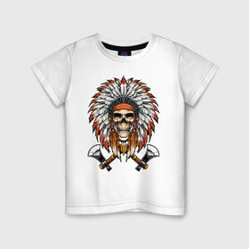 Детская футболка хлопок с принтом Индейский череп с топорами , 100% хлопок | круглый вырез горловины, полуприлегающий силуэт, длина до линии бедер | индейцы | куп | орёл | перья | роуч | скелет | томагавк | топор