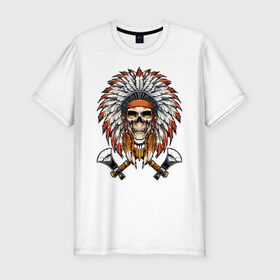 Мужская футболка премиум с принтом Индейский череп с топорами , 92% хлопок, 8% лайкра | приталенный силуэт, круглый вырез ворота, длина до линии бедра, короткий рукав | индейцы | куп | орёл | перья | роуч | скелет | томагавк | топор