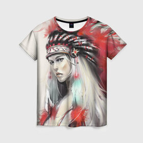 Женская футболка 3D с принтом Индейская девушка , 100% полиэфир ( синтетическое хлопкоподобное полотно) | прямой крой, круглый вырез горловины, длина до линии бедер | Тематика изображения на принте: африка | индейцы | куп | перо | перья | этно