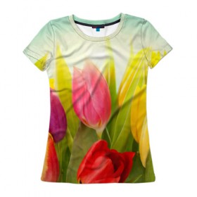 Женская футболка 3D с принтом Тюльпаны , 100% полиэфир ( синтетическое хлопкоподобное полотно) | прямой крой, круглый вырез горловины, длина до линии бедер | бабушке | девочке | девушке | дочке | желтые цветы | женщине | маме | подруге | природа | розовые цветы | розы | сестре | теще | тюльпаны | цветы
