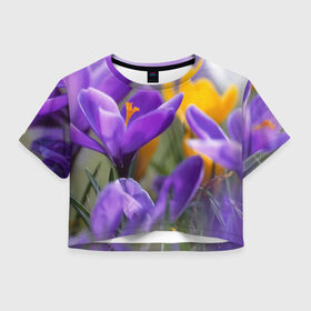 Женская футболка 3D укороченная с принтом Фиолетовые цветы , 100% полиэстер | круглая горловина, длина футболки до линии талии, рукава с отворотами | бабушке | девочке | девушке | дочке | желтые цветы | женщине | маме | подруге | природа | розовые цветы | розы | сестре | теще | тюльпаны | цветы