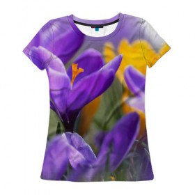 Женская футболка 3D с принтом Фиолетовые цветы , 100% полиэфир ( синтетическое хлопкоподобное полотно) | прямой крой, круглый вырез горловины, длина до линии бедер | бабушке | девочке | девушке | дочке | желтые цветы | женщине | маме | подруге | природа | розовые цветы | розы | сестре | теще | тюльпаны | цветы