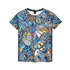 Женская футболка 3D с принтом Морской коллаж , 100% полиэфир ( синтетическое хлопкоподобное полотно) | прямой крой, круглый вырез горловины, длина до линии бедер | mari | весло | волны | галька | графика | детский | иллюстрация | канат | карта | картинка | коллаж | компас | корабль | маяк | мода | море | морской | облако | океан | птица | рисунок | рыбы | солнце | стиль