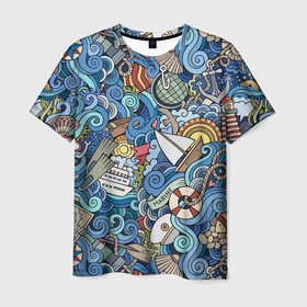 Мужская футболка 3D с принтом Морской коллаж , 100% полиэфир | прямой крой, круглый вырез горловины, длина до линии бедер | Тематика изображения на принте: mari | весло | волны | галька | графика | детский | иллюстрация | канат | карта | картинка | коллаж | компас | корабль | маяк | мода | море | морской | облако | океан | птица | рисунок | рыбы | солнце | стиль