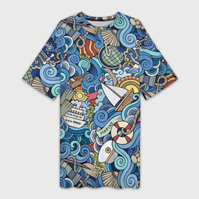 Платье-футболка 3D с принтом Морской коллаж ,  |  | Тематика изображения на принте: mari | весло | волны | галька | графика | детский | иллюстрация | канат | карта | картинка | коллаж | компас | корабль | маяк | мода | море | морской | облако | океан | птица | рисунок | рыбы | солнце | стиль