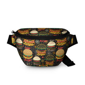 Поясная сумка 3D с принтом Гамбургеры , 100% полиэстер | плотная ткань, ремень с регулируемой длиной, внутри несколько карманов для мелочей, основное отделение и карман с обратной стороны сумки застегиваются на молнию | hamburgers | sandwic | булочка | бутерброды | быстрая | гамбургер | гамбургеры | геометрический | графика | еда | зелень | иллюстрация | картинка | кунжут | мода | мясо | надпись | орнамент | рисунок | свежий