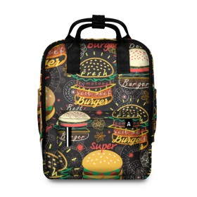 Женский рюкзак 3D с принтом Гамбургеры , 100% полиэстер | лямки с регулируемой длиной, сверху ручки, чтобы рюкзак нести как сумку. Основное отделение закрывается на молнию, как и внешний карман. Внутри два дополнительных кармана, один из которых закрывается на молнию. По бокам два дополнительных кармашка, куда поместится маленькая бутылочка
 | Тематика изображения на принте: hamburgers | sandwic | булочка | бутерброды | быстрая | гамбургер | гамбургеры | геометрический | графика | еда | зелень | иллюстрация | картинка | кунжут | мода | мясо | надпись | орнамент | рисунок | свежий