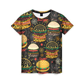 Женская футболка 3D с принтом Гамбургеры , 100% полиэфир ( синтетическое хлопкоподобное полотно) | прямой крой, круглый вырез горловины, длина до линии бедер | hamburgers | sandwic | булочка | бутерброды | быстрая | гамбургер | гамбургеры | геометрический | графика | еда | зелень | иллюстрация | картинка | кунжут | мода | мясо | надпись | орнамент | рисунок | свежий